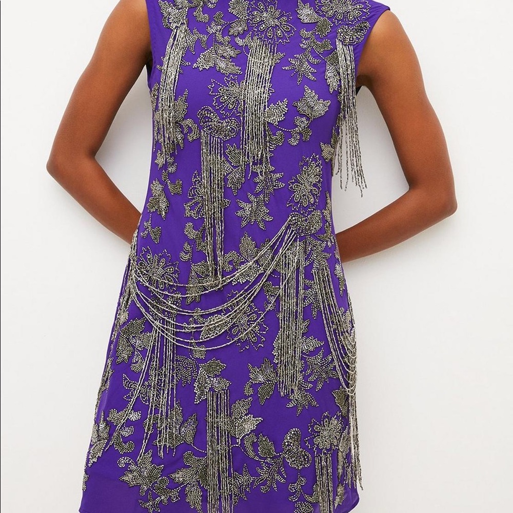 Karen Millen Petite Beaded Embellished Fringed Mini Dress size 8